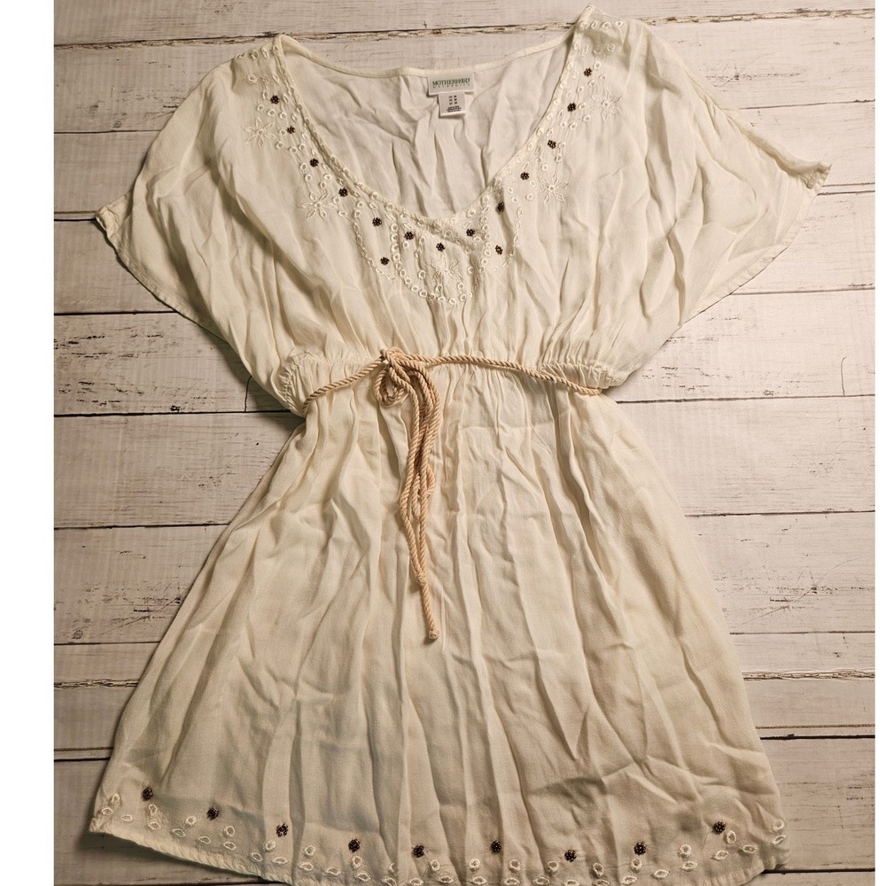 Motherhood Maternity White Embroidered Beaded Tunic Top Rope Belt Medium